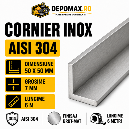 Cornier inox AISI 304, 50 x 50 x 7 mm, 6 metri